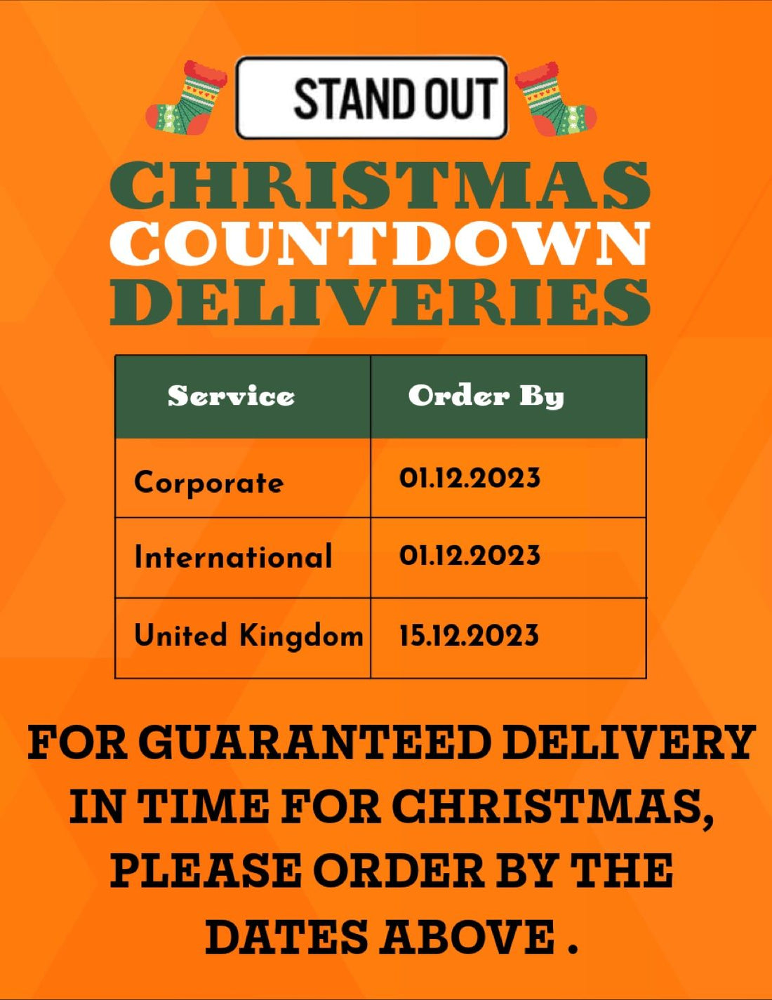 Stand Out Socks Christmas Countdown Deliveries Dates for Christmas 2023