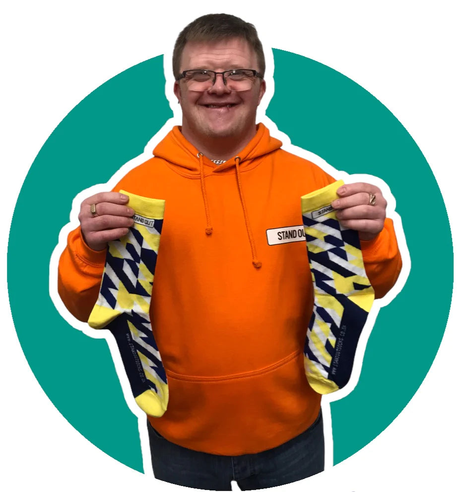 stand out socks yellow and blue down syndrome inspired socks
