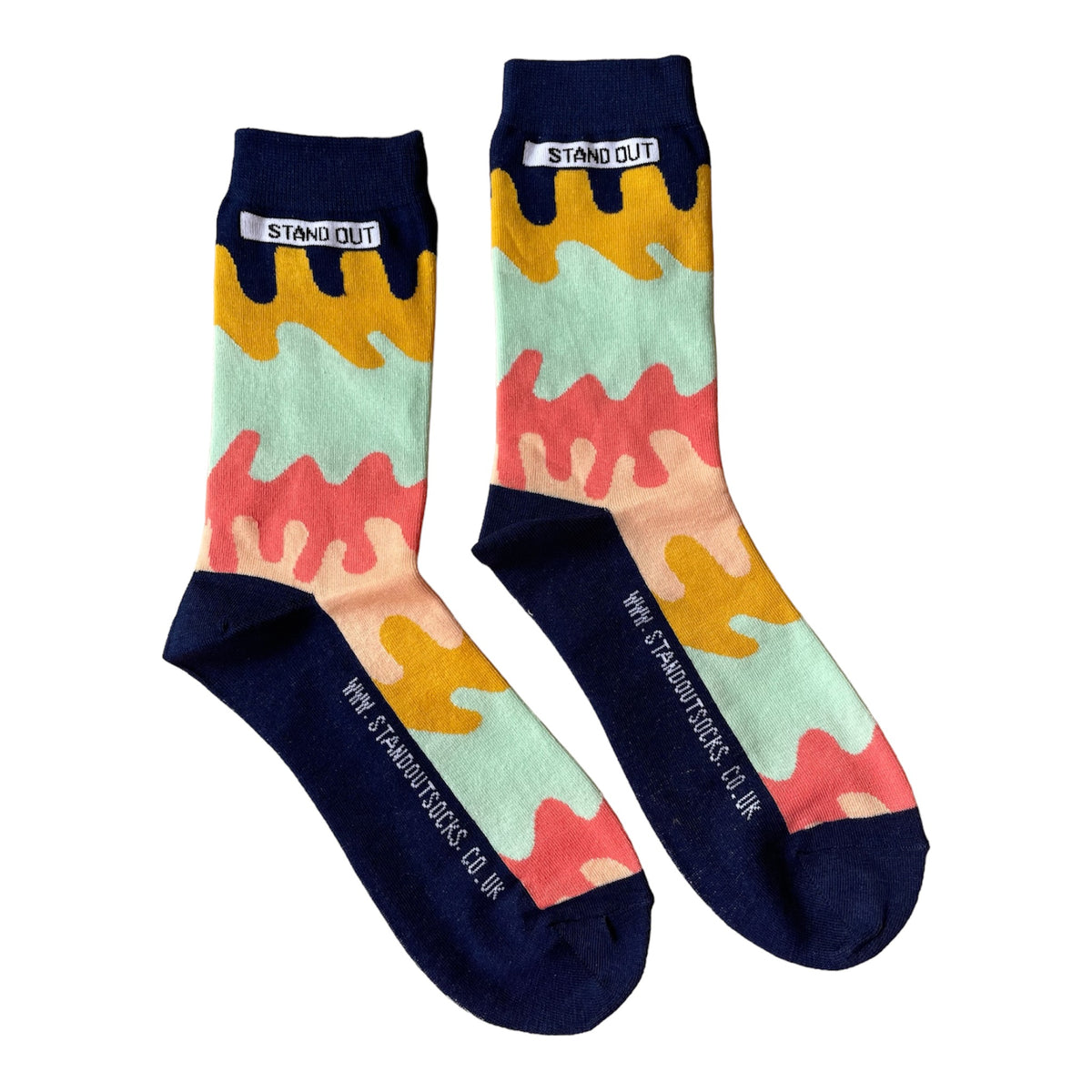 A blend of colours which look like they are dripping pattern by Stand Out Socks. The Stand Out logo on the top with the Stand Out website on the sole.