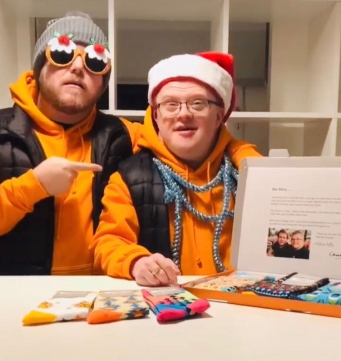 Ross and Christian From Stand Out Socks wearing funky Christmas glasses