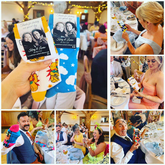 a wedding and people holding up colourful wedding favour socks