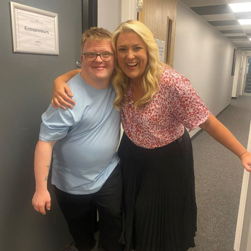 BBC's Strictly Come Dancing Sara Davies, With Ross (The first Entrepreneur To Pitch With Down Syndrome) Outside Dragons Den Dressing Room