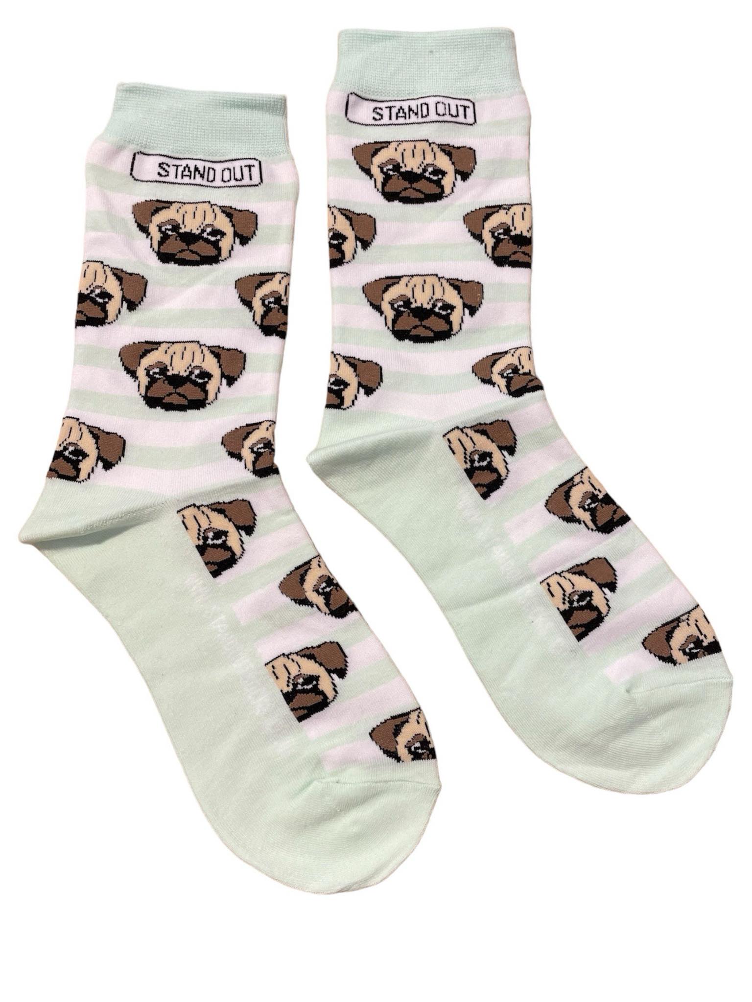 A pair of socks with green and white stripes with pug dog faces and a stand out logo.