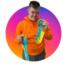 Load image into Gallery viewer, A man with Down Syndrome wearing an orange jumper on holding out a pair of funky colourful splat socks
