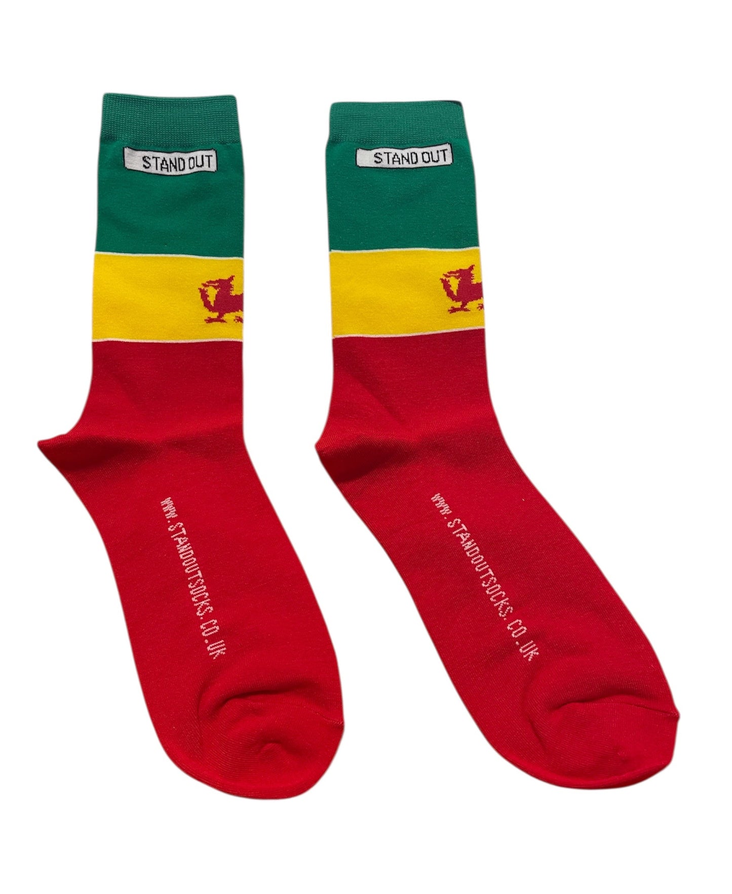 Red and green Welsh  socks with yellow band featuring a logo on a white background