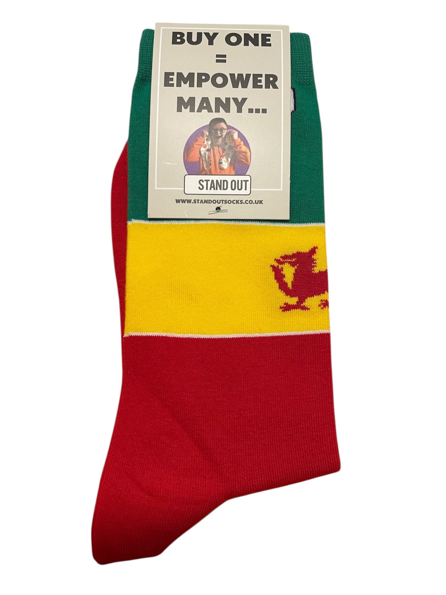 Red, yellow, and green sock with a label on a white background