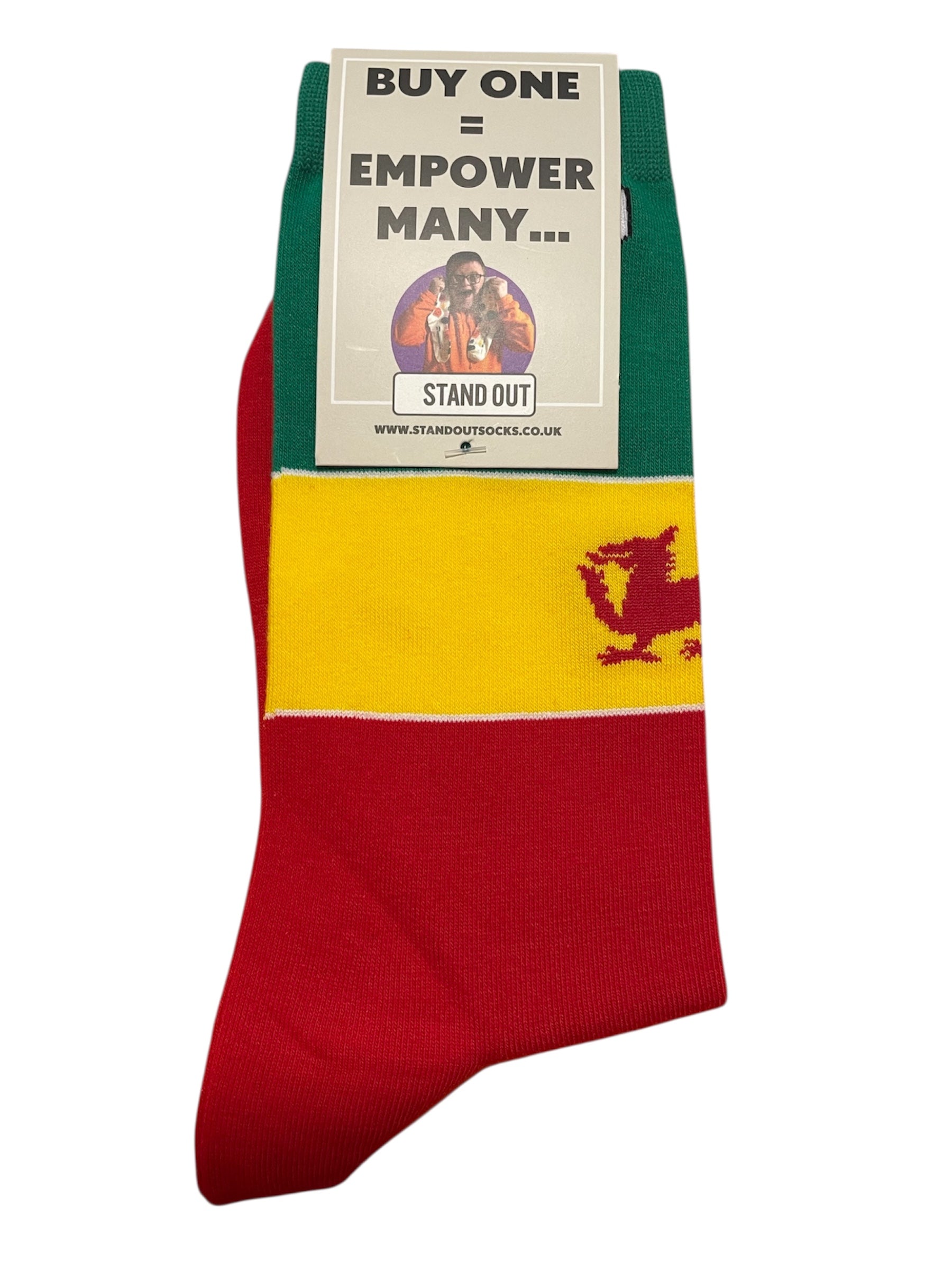 Red, yellow, and green sock with a label on a white background