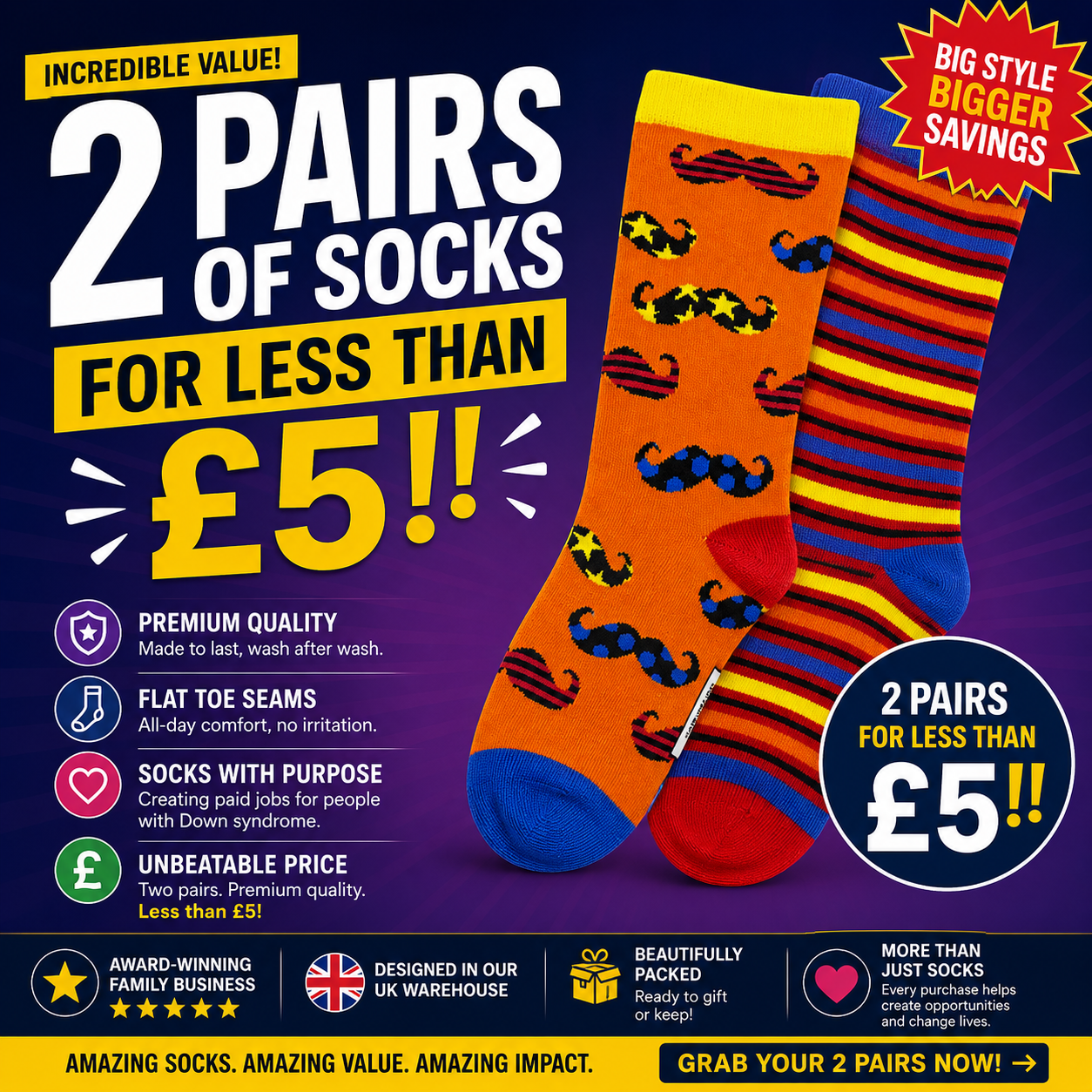 Promotional advertisement for two pairs of socks for less than £5 with colorful socks on a dark background.
