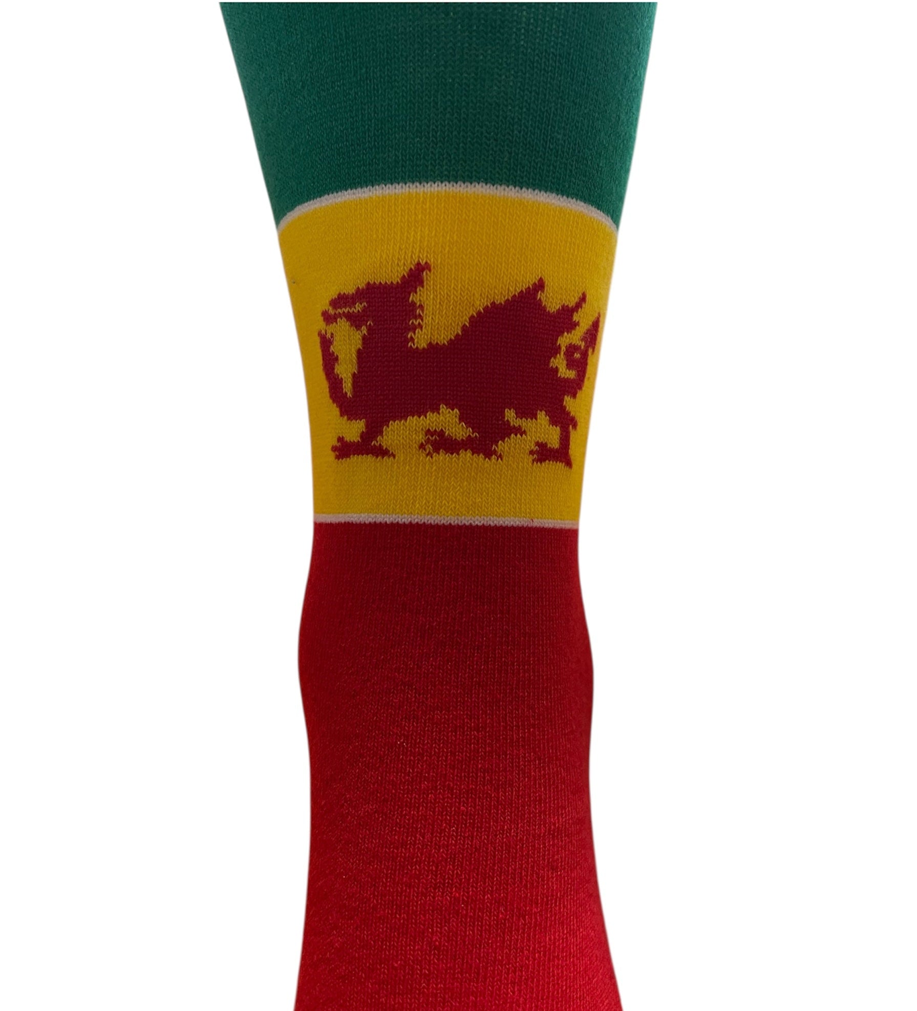 Wales Sock with green top, yellow middle, and red bottom sections on a white background