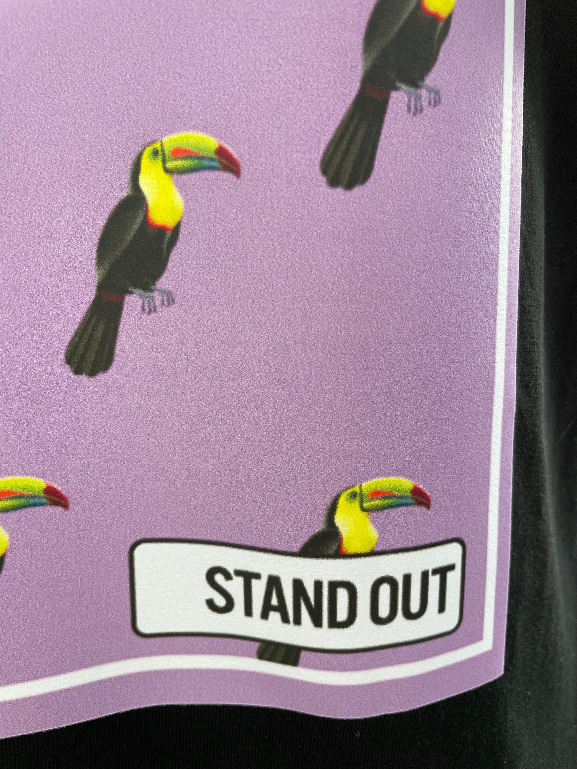 Black T-shirt with printed Toucan graphic close up