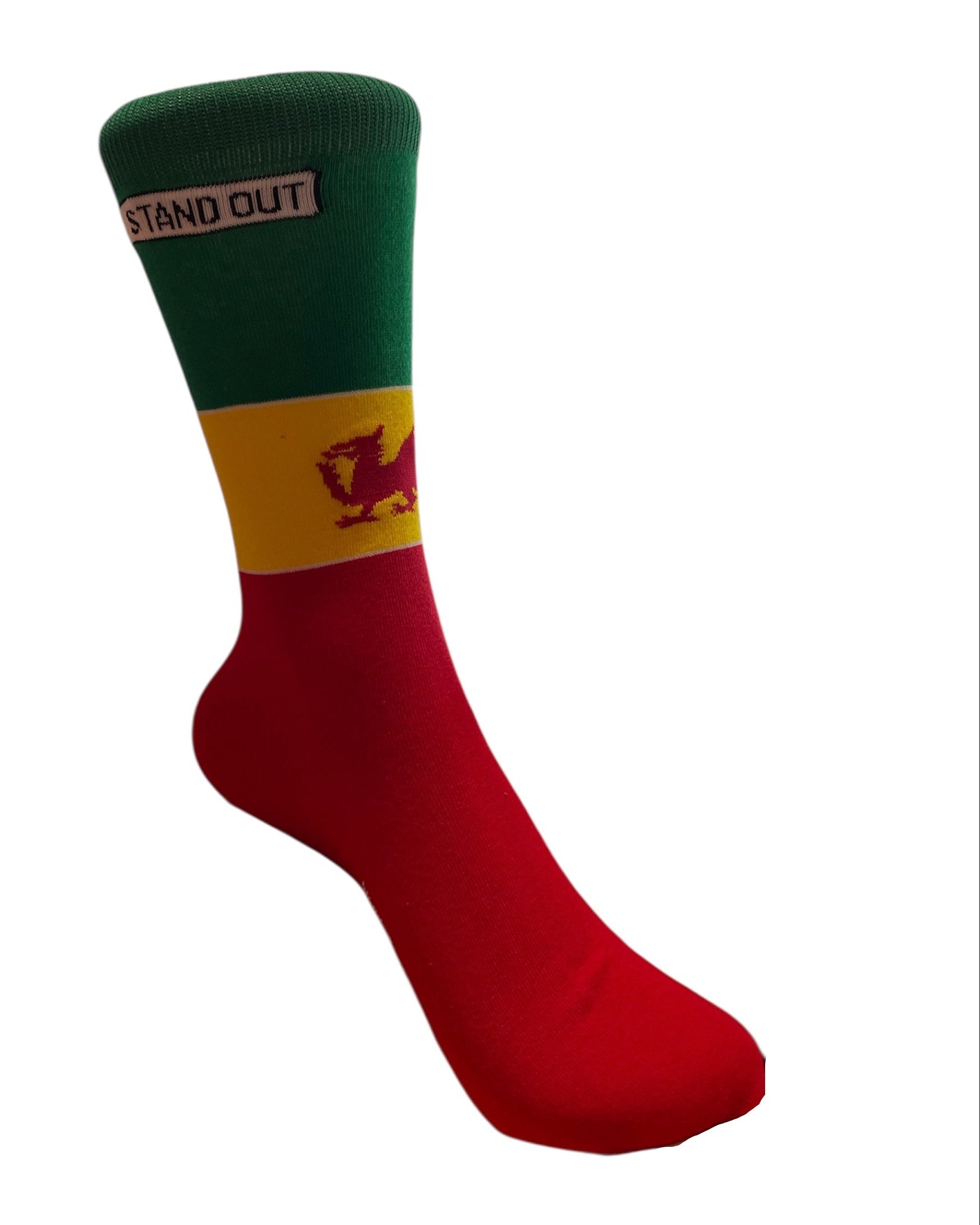 Red and green sock with yellow band featuring a logo on a white background