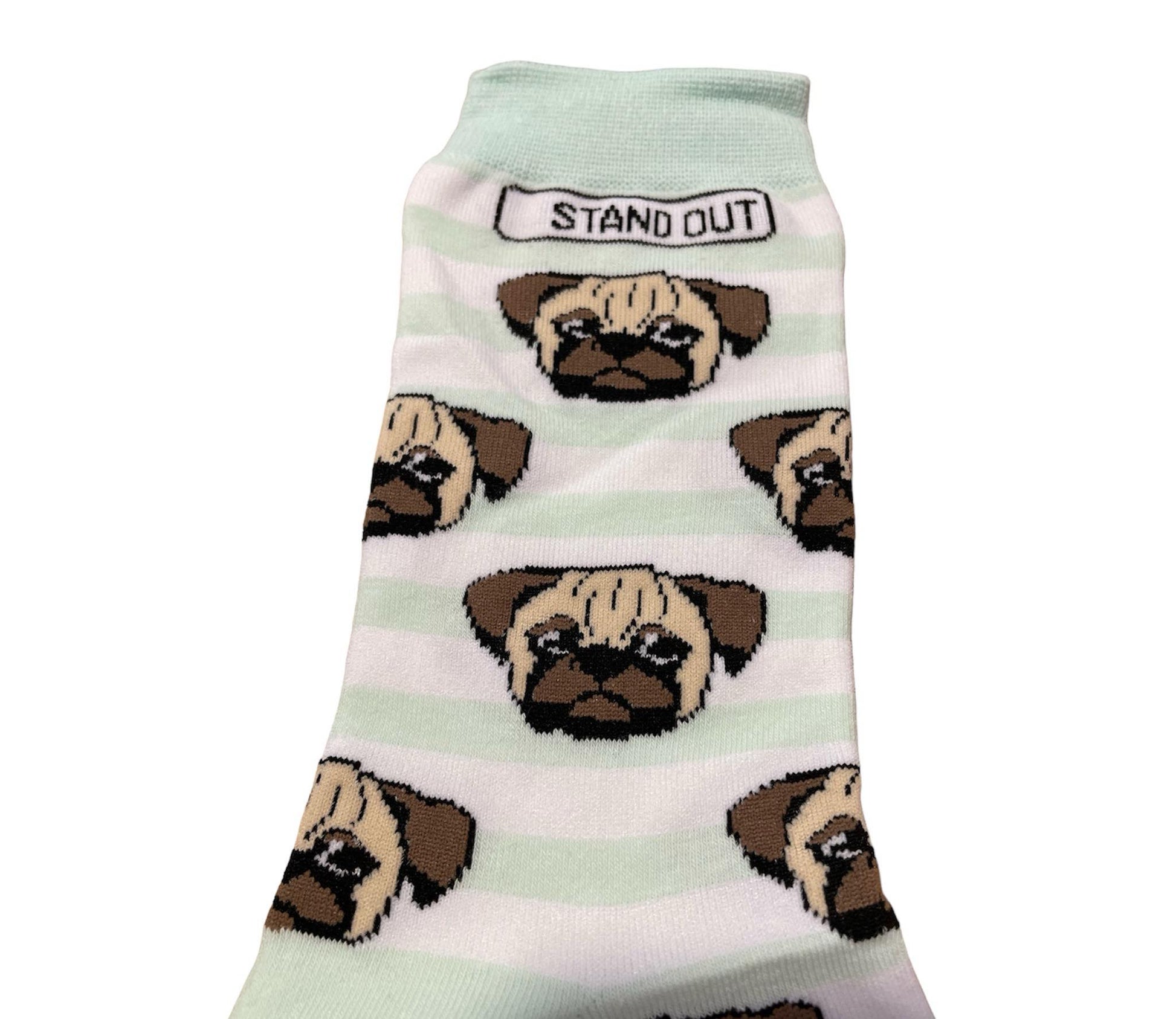 A pair of socks with green and white stripes with pug dog faces and a stand out logo.