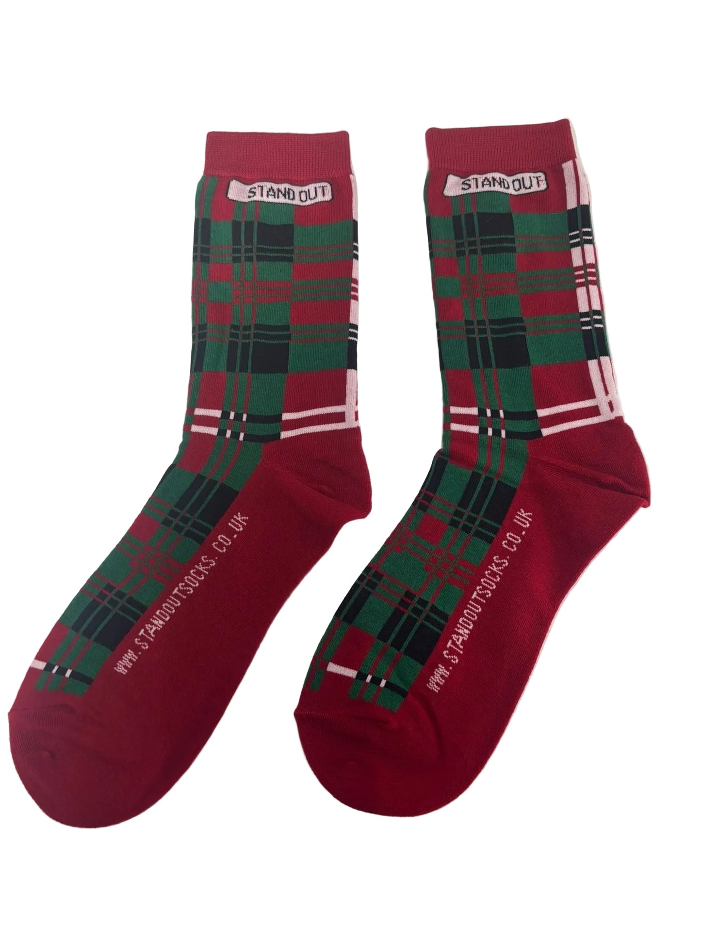 Red plaid socks with visible branding on a white background