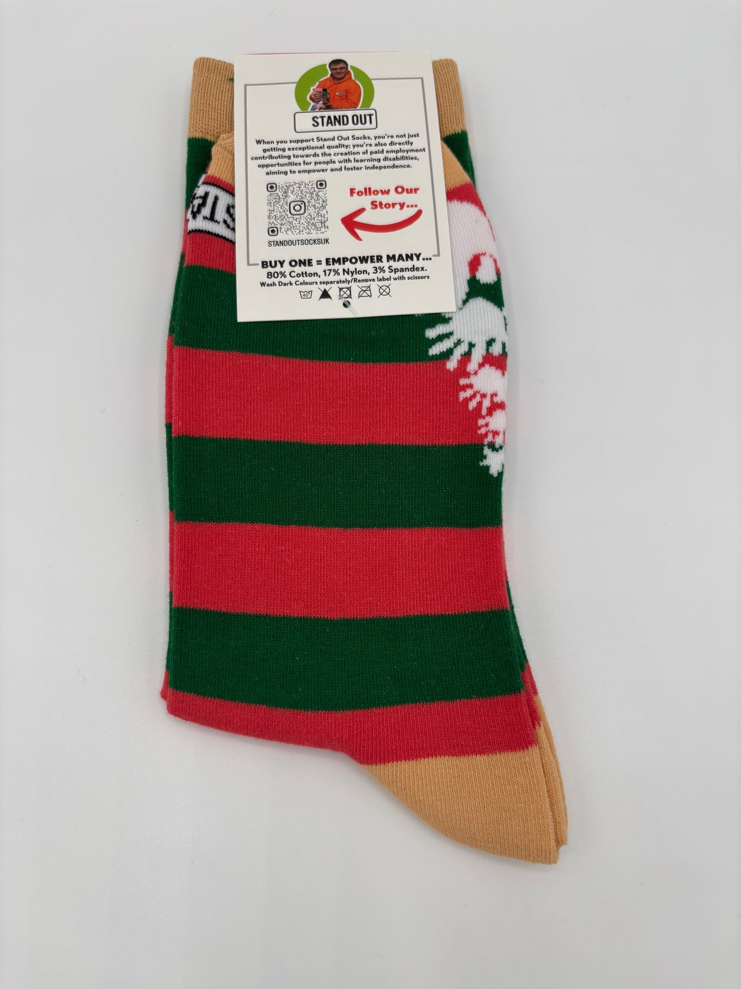 Striped sock with a brand label on a white background