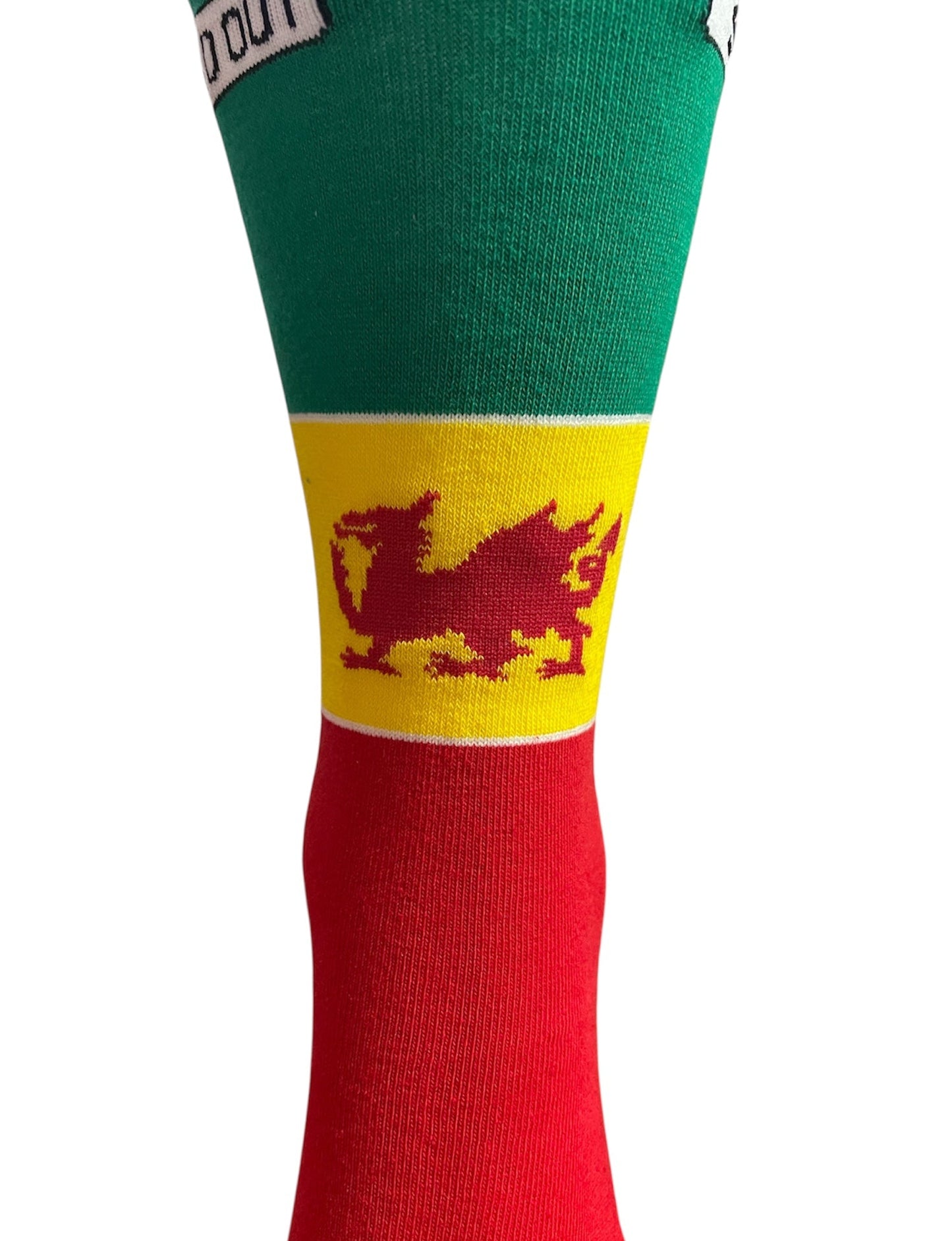 Sock with green, yellow, and red design on a white background