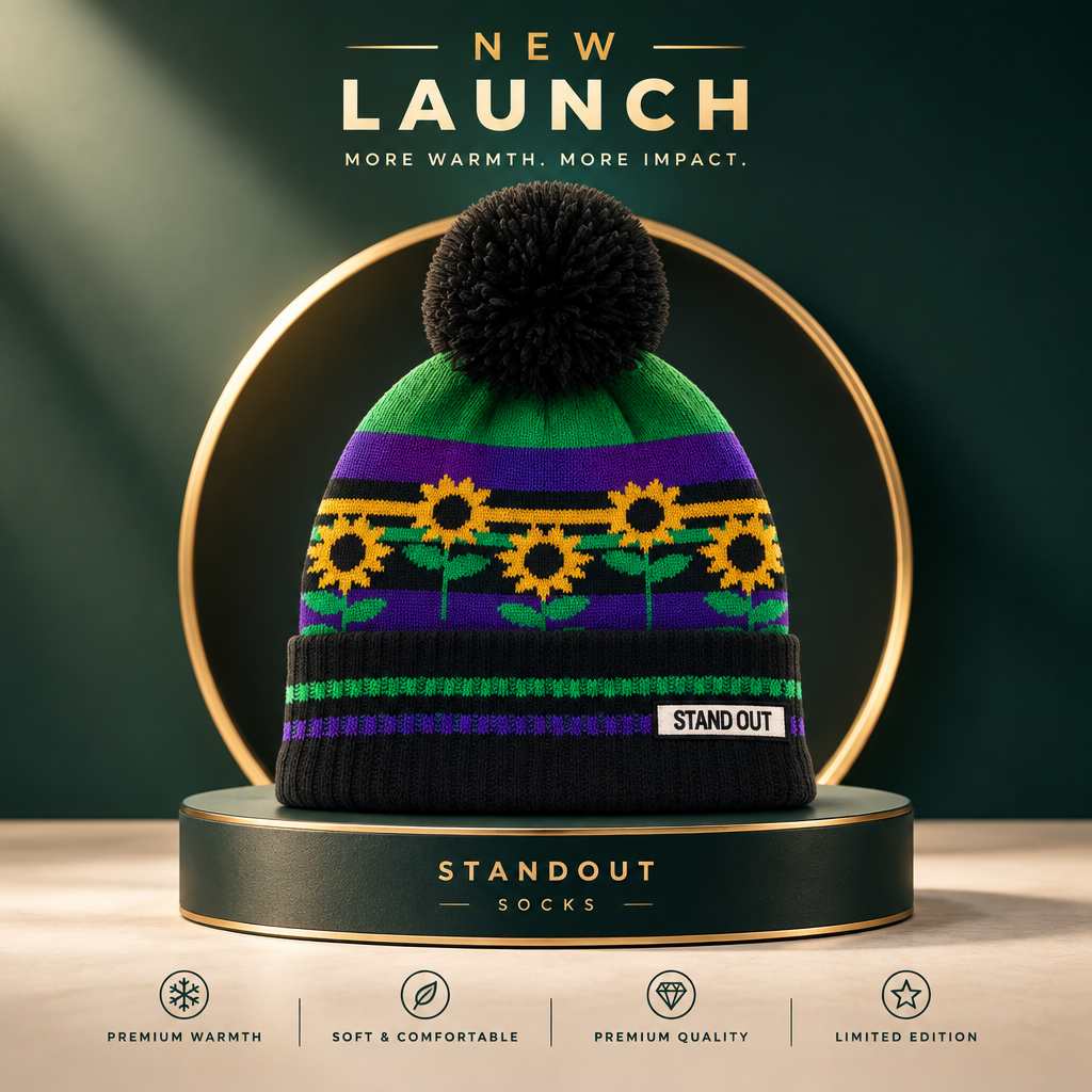 A knitted pom-pom beanie sock with a green, purple, and black pattern featuring yellow sunflowers, displayed on a black round pedestal with promotional text and icons.