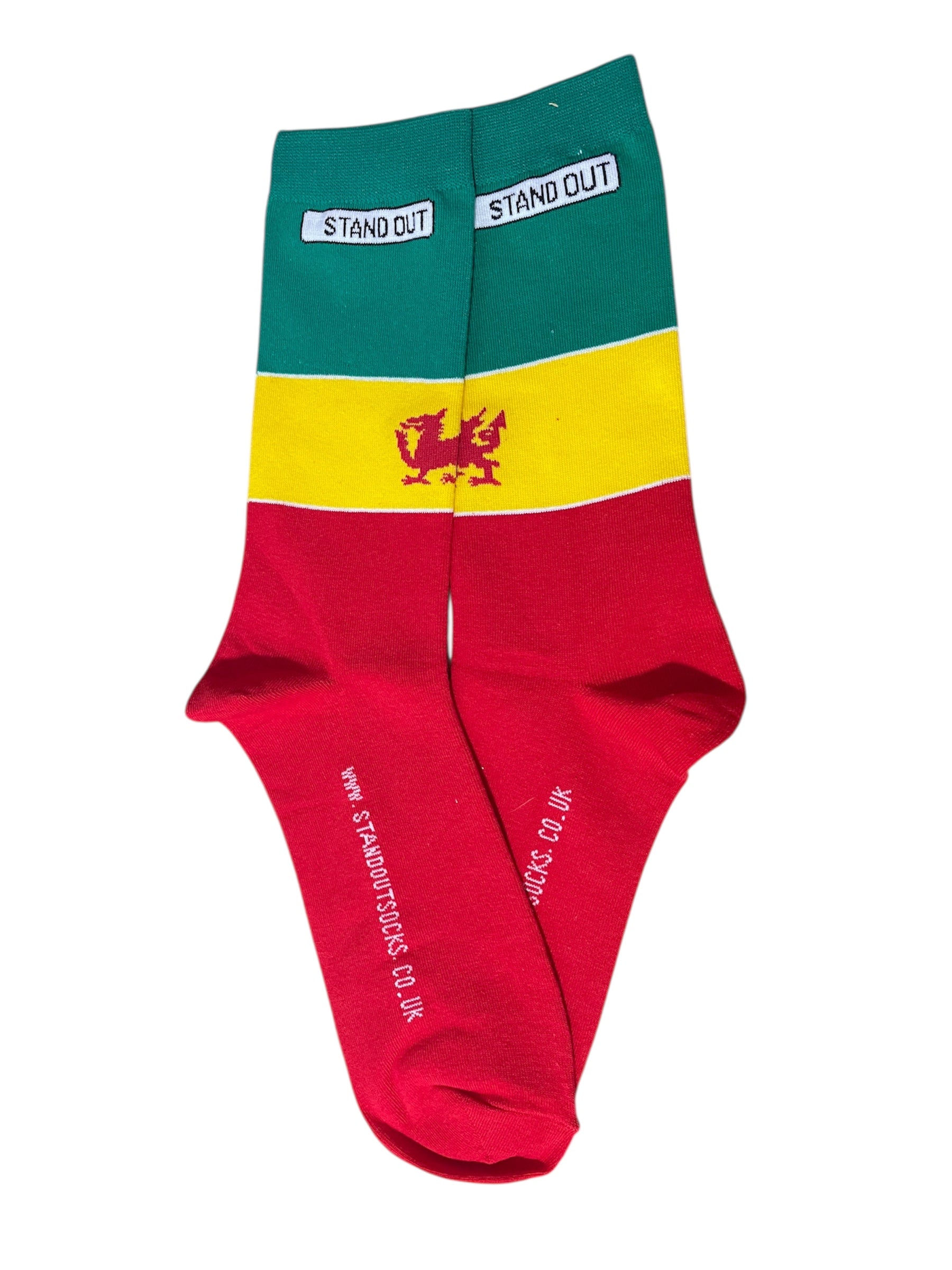 Colorful socks with a dragon emblem on a white background