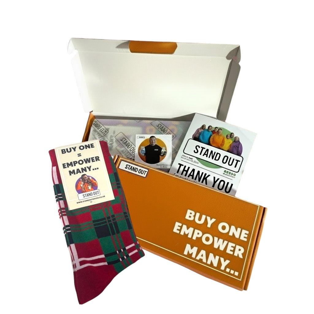 Product packaging with promotional materials and a plaid socks on a white background