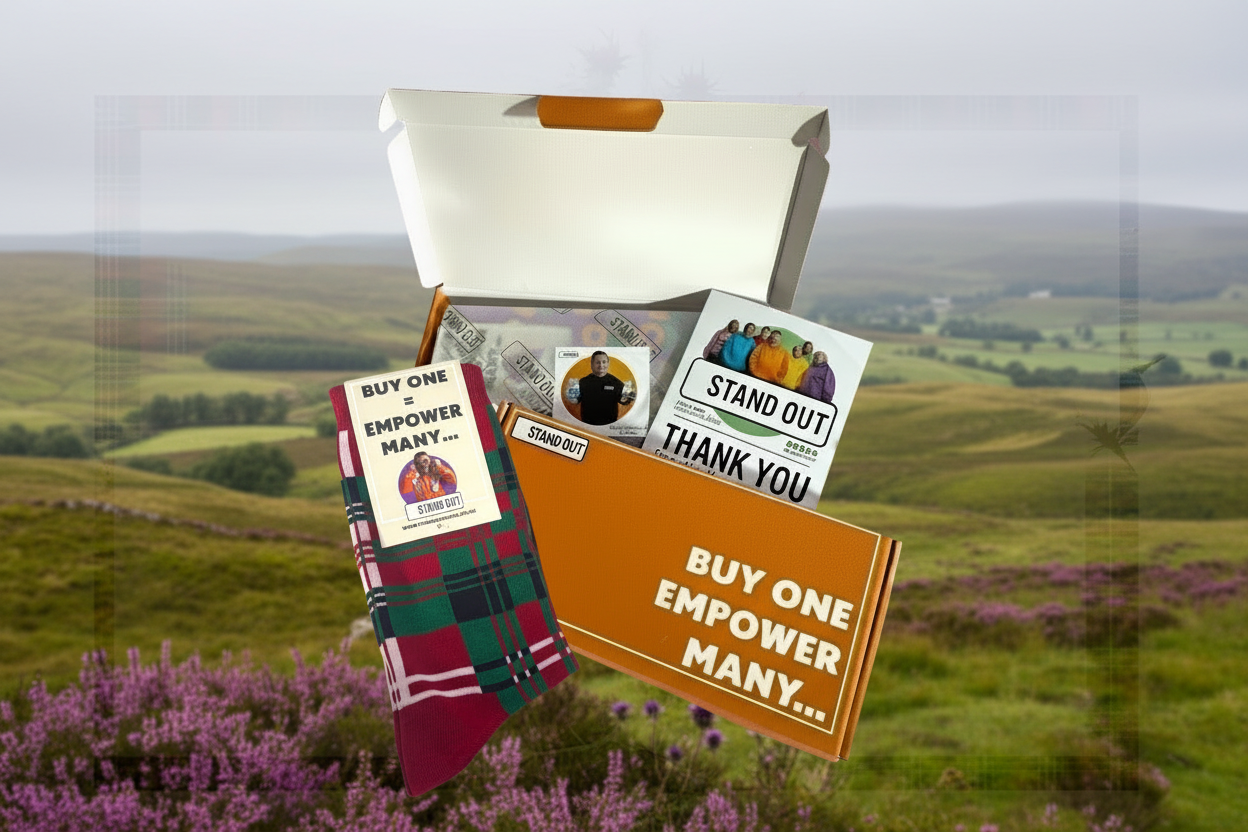 Product packaging with promotional text against a scenic background