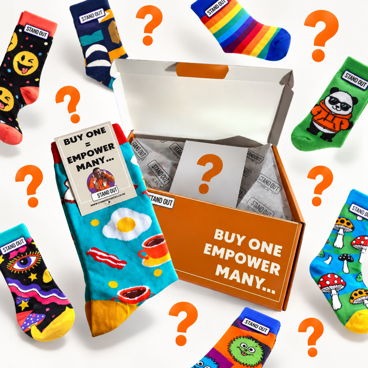 An open orange box labeled 'BUY ONE EMPOWER MANY.