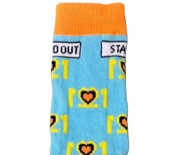 Blue sock with orange top and bottom, featuring heart and number patterns on a white background.