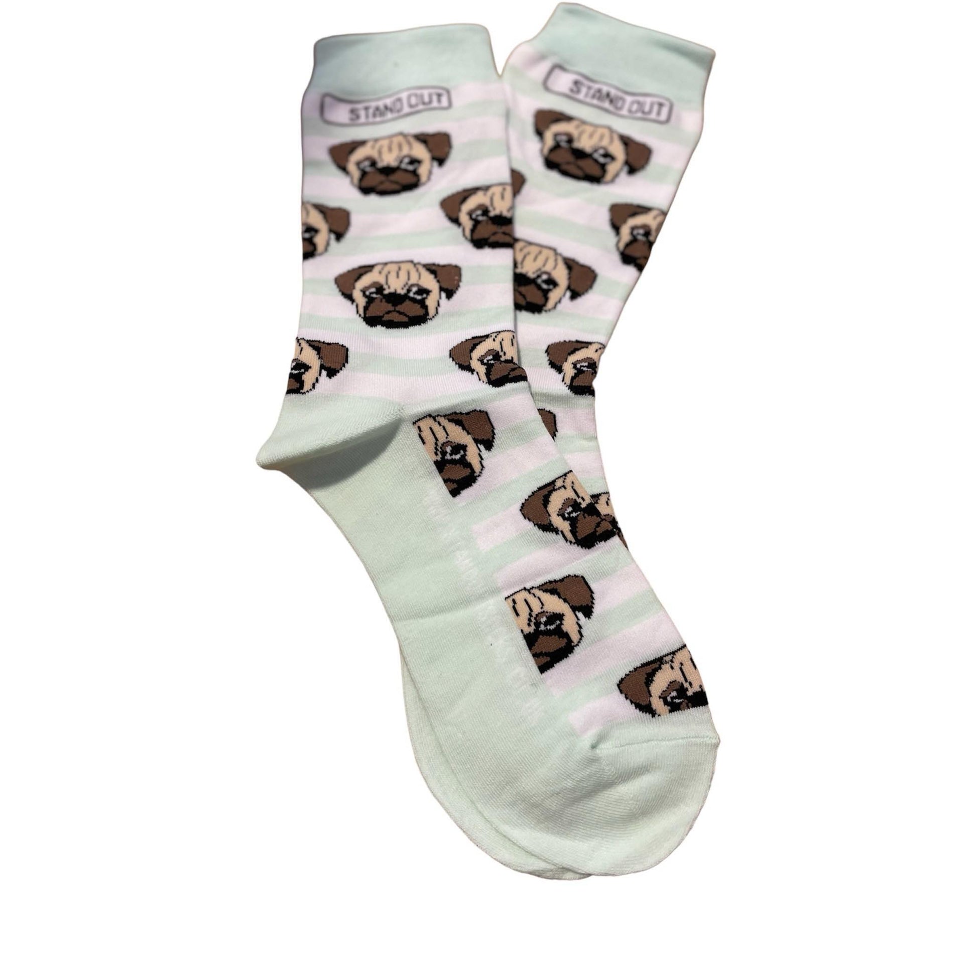 A pair of socks with green and white stripes with pug dog faces and a stand out logo.