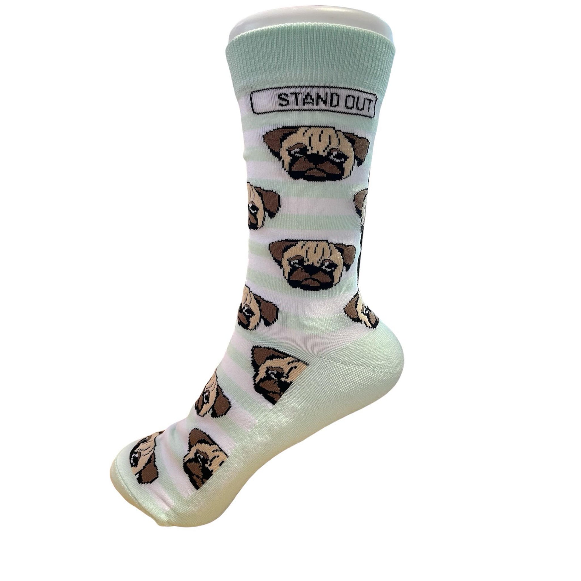 a sock on a foot mannequin with green and white stripes with pug dog faces and a stand out logo.