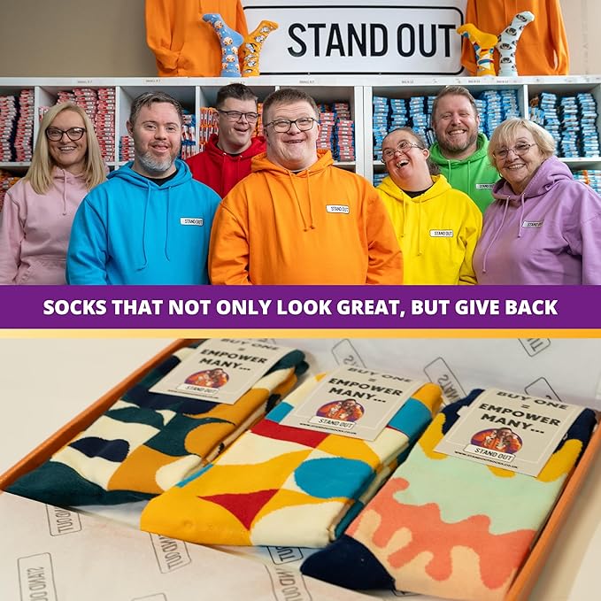 3 Pairs Of Funky stand Out Socks With Geometric Patterns - A Team Picture of stand put socks staff. the working socks that not only look great, but give back