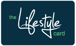 Lifestyle card advertisement with branding and service details.