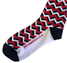 Load image into Gallery viewer, stand out socks uk red and white devils zig zag sock design crazy socks fun socks
