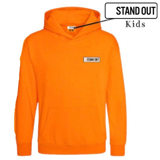 Bright Orange Kids Hoodie. With A Logo ''Stand Out' embroidered on the right hand side of the chest.  