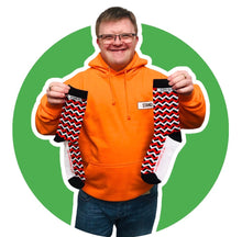 Load image into Gallery viewer, stand out socks uk red and white devils zig zag sock design crazy socks fun socks 
