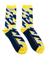 Load image into Gallery viewer, stand out socks uk warrington inspired yellow, white and blue warrington socks design
